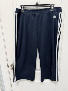 Adidas Women’s Navy Blue Athletic Pants with White Stripes, Crop length, Large